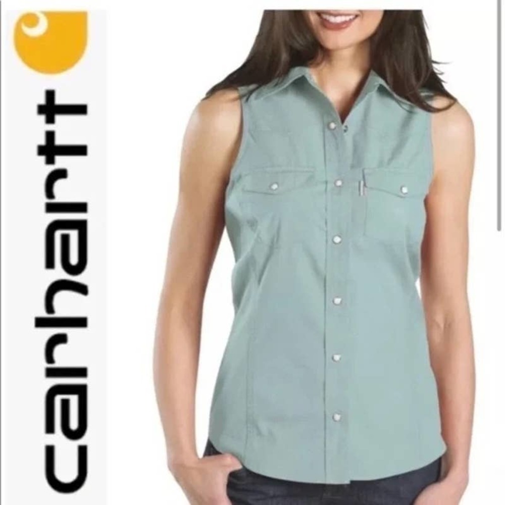 Carhartt Marble Button Down Light Blue Sleeveless Polo